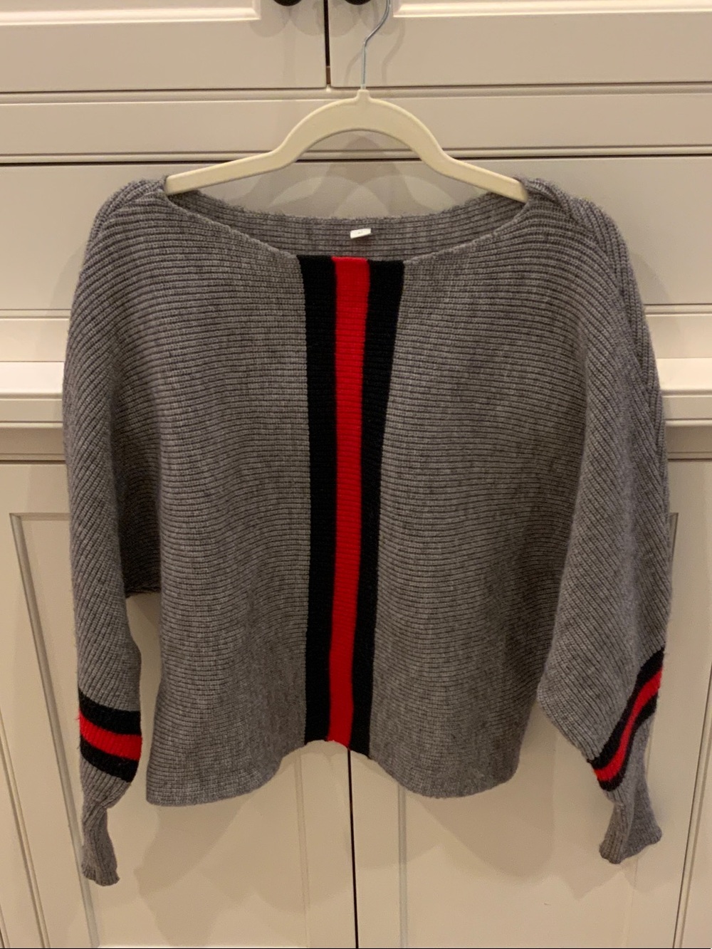 Gray Ribbed Sweater with Red & Black Stripe